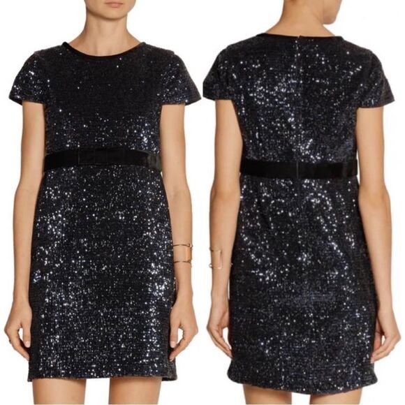 Maje Ketsia Midnight Blue Sequin Mini Dress Bow Waist Velvet Trim Party Cocktail - Picture 2 of 10